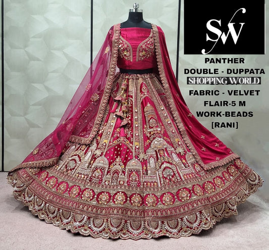 Rani pink Velvet Double Dupatta bridal Lehenga - Shopping World
