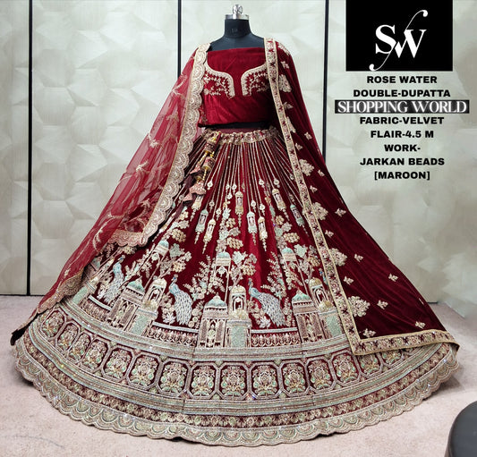 Rani pink Velvet Peacock Double Dupatta bridal Lehenga - Shopping World