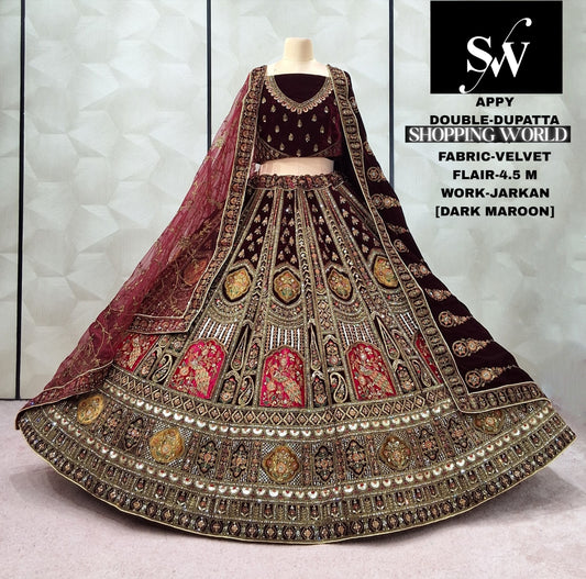 Dark Maroon peacock Velvet bridal Lehenga - Shopping World
