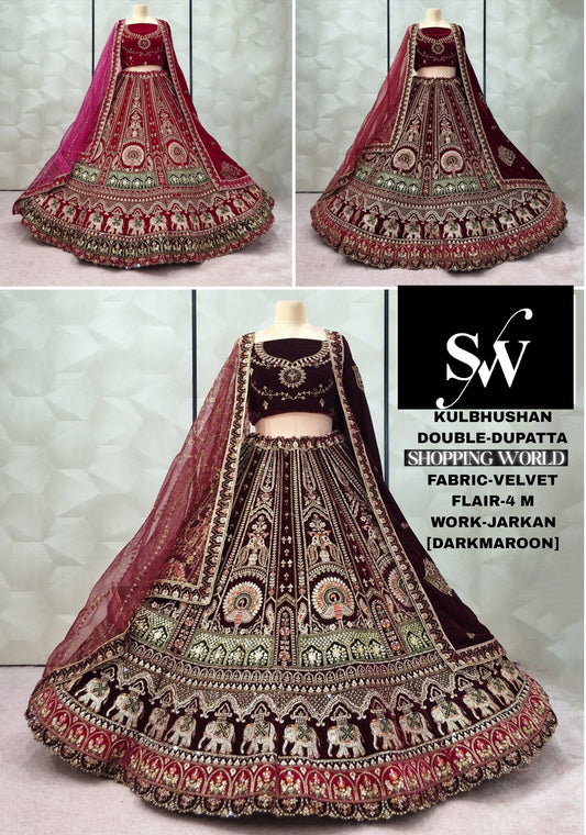 Dark Maroon Rani pink Maroon peacock Velvet bridal Lehenga - Shopping World