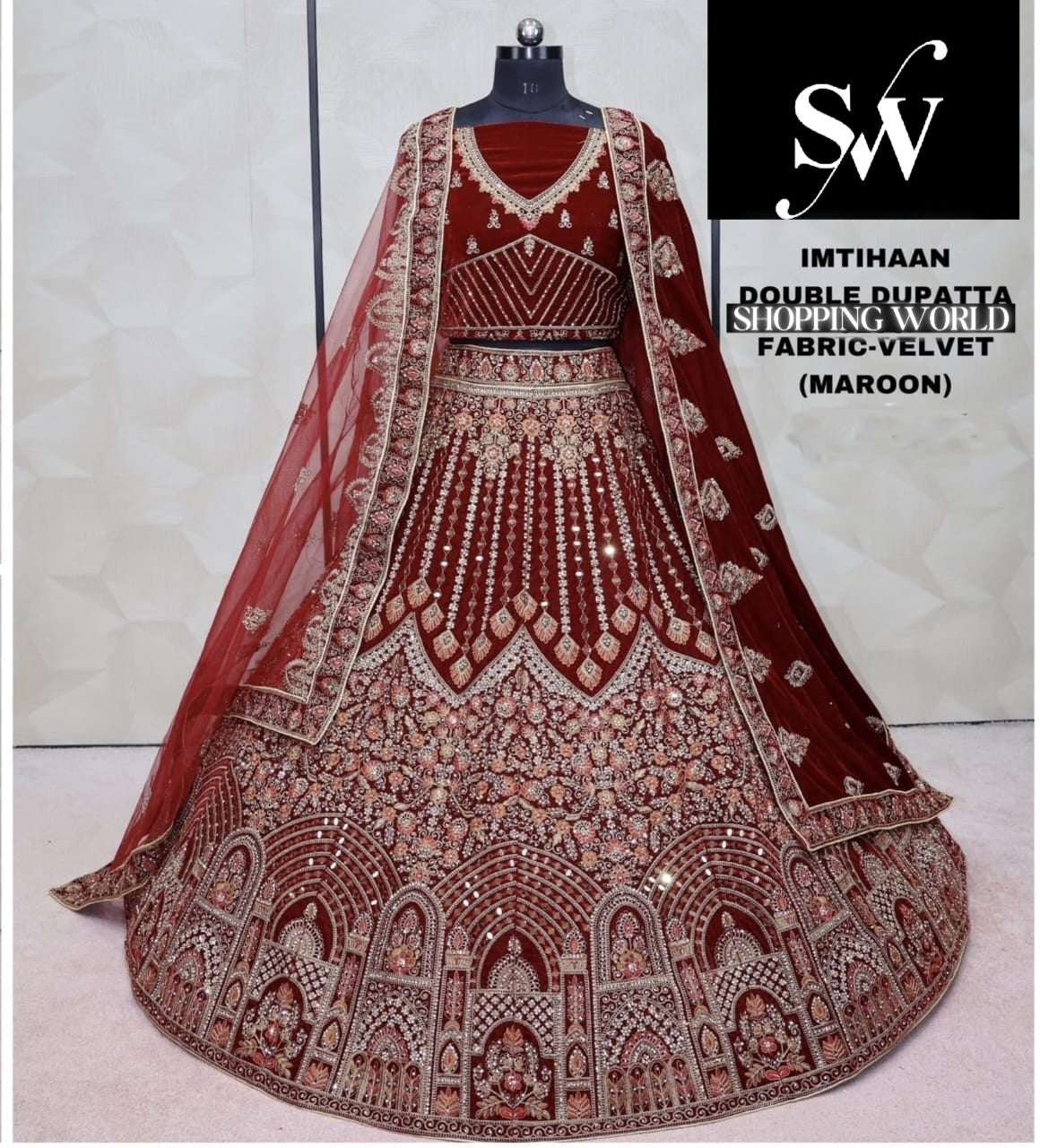 Maroon Velvet Double Dupatta Bridal Lehenga - Shopping World
