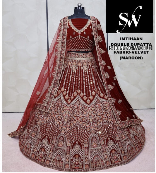 Maroon Velvet Double Dupatta Bridal Lehenga - Shopping World