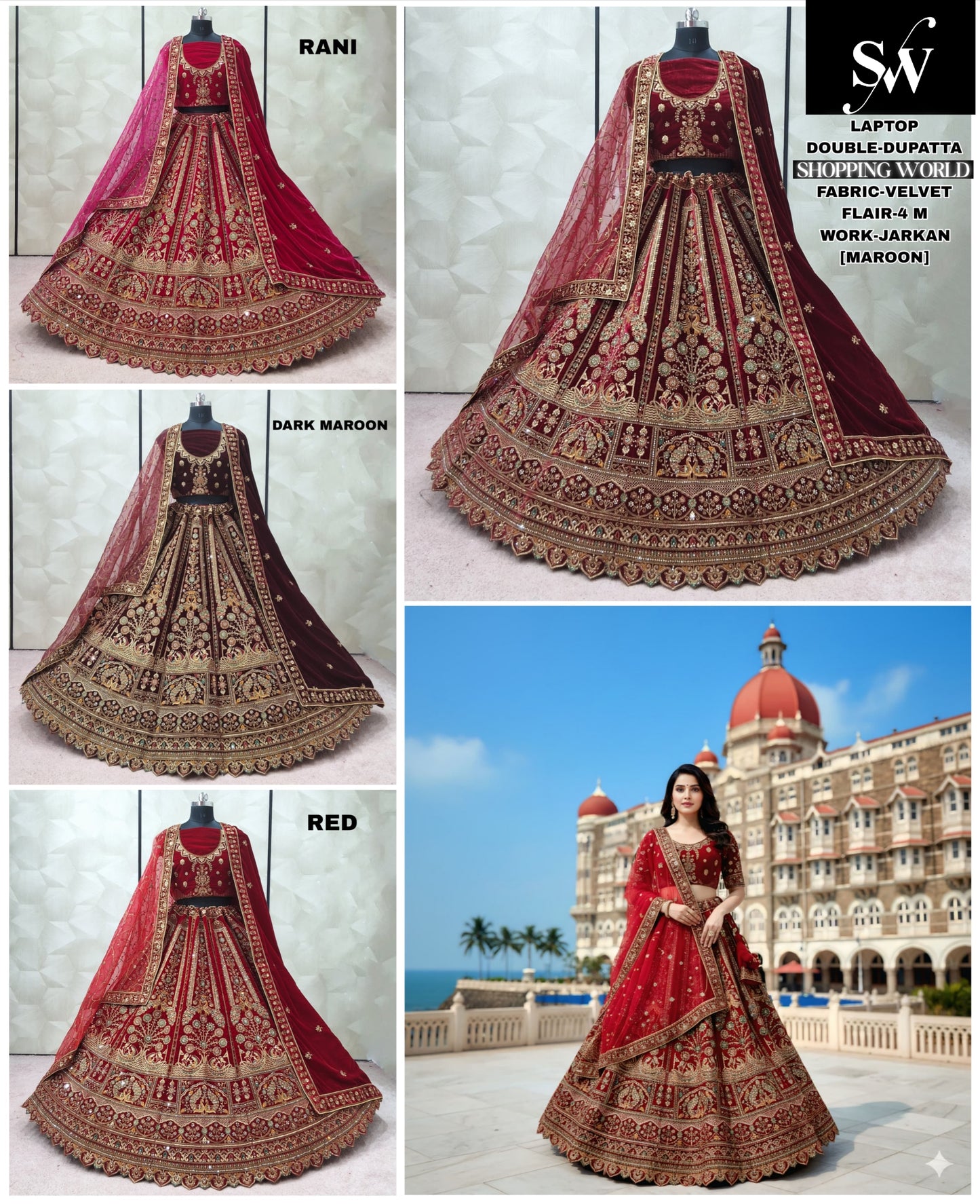 Red Maroon Rani pink Dark maroon Velvet Double Dupatta Bridal Lehenga - Shopping World