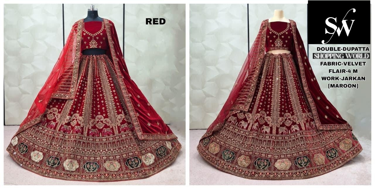 Red Maroon Velvet Double Dupatta Bridal Lehenga - Shopping World
