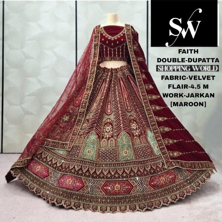 Maroon Velvet Double Dupatta Bridal Lehenga - Shopping World