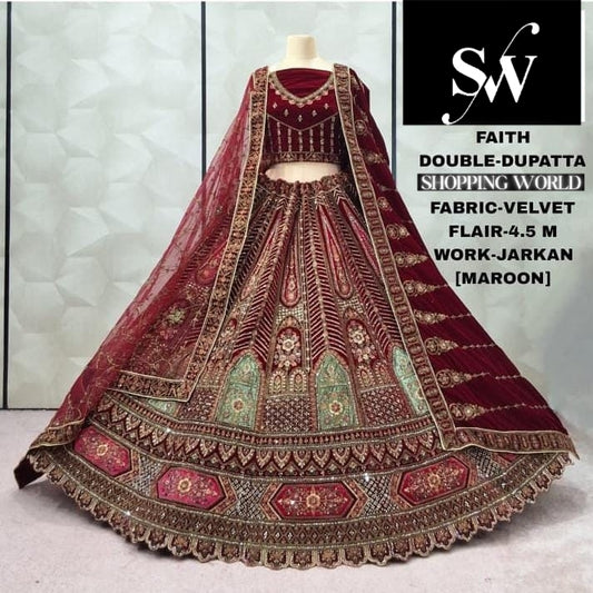 Maroon Velvet Double Dupatta Bridal Lehenga - Shopping World