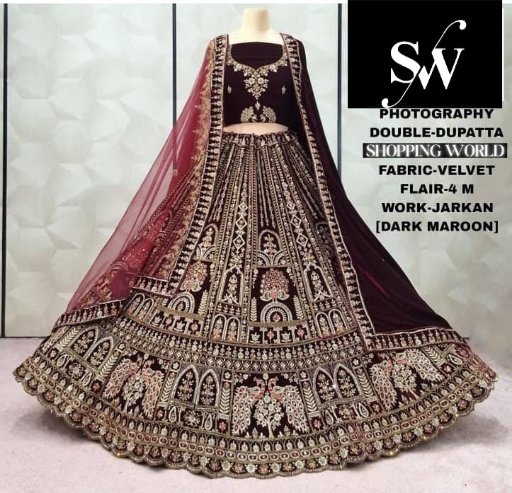 Dark Maroon Peacock Velvet Double Dupatta Bridal Lehenga - Shopping World