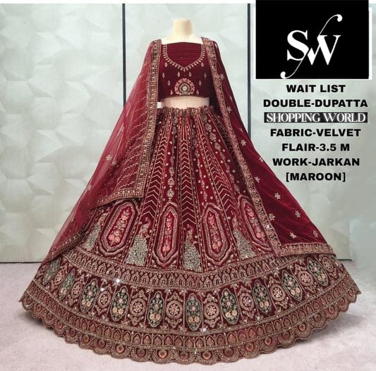 Maroon Peacock Velvet Double Dupatta Bridal Lehenga - Shopping World