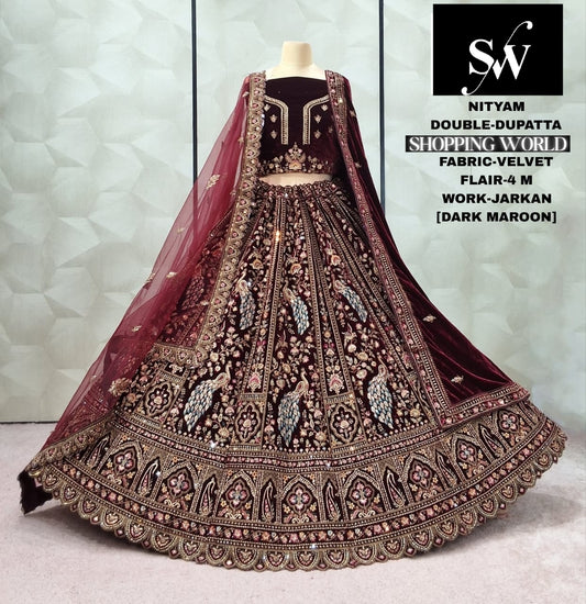 Dark Maroon Velvet Peacock Double Dupatta bridal Lehenga - Shopping World