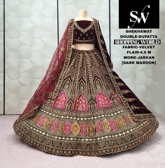 Dark Maroon Velvet Double Dupatta Bridal Lehenga - Shopping World