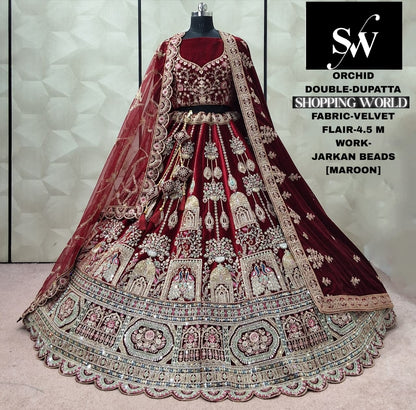 Maroon Velvet Peacock Double Dupatta bridal Lehenga - Shopping World