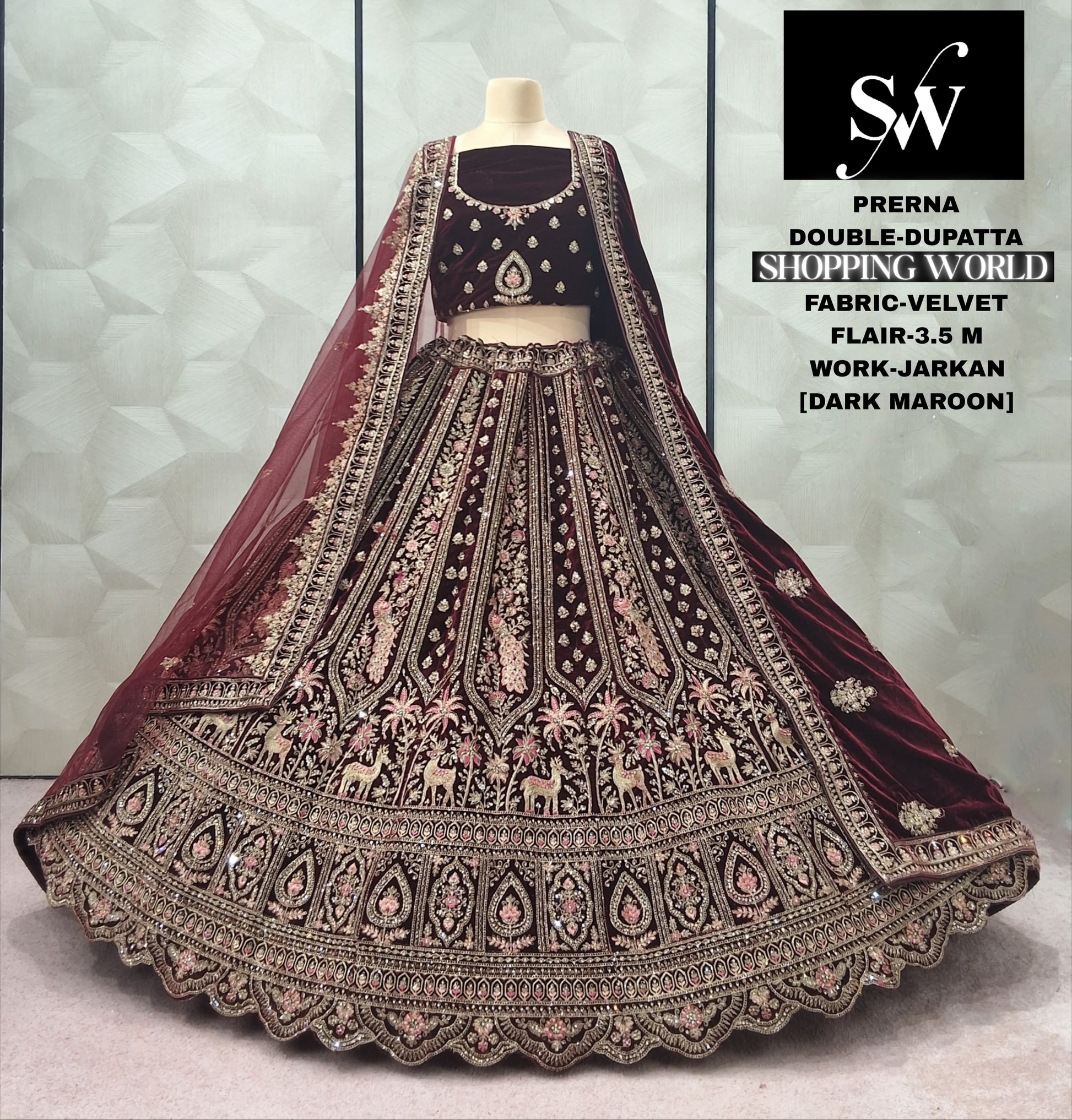 Dark Maroon Double Dupatta Velvet Bridal Lehenga - Shopping World