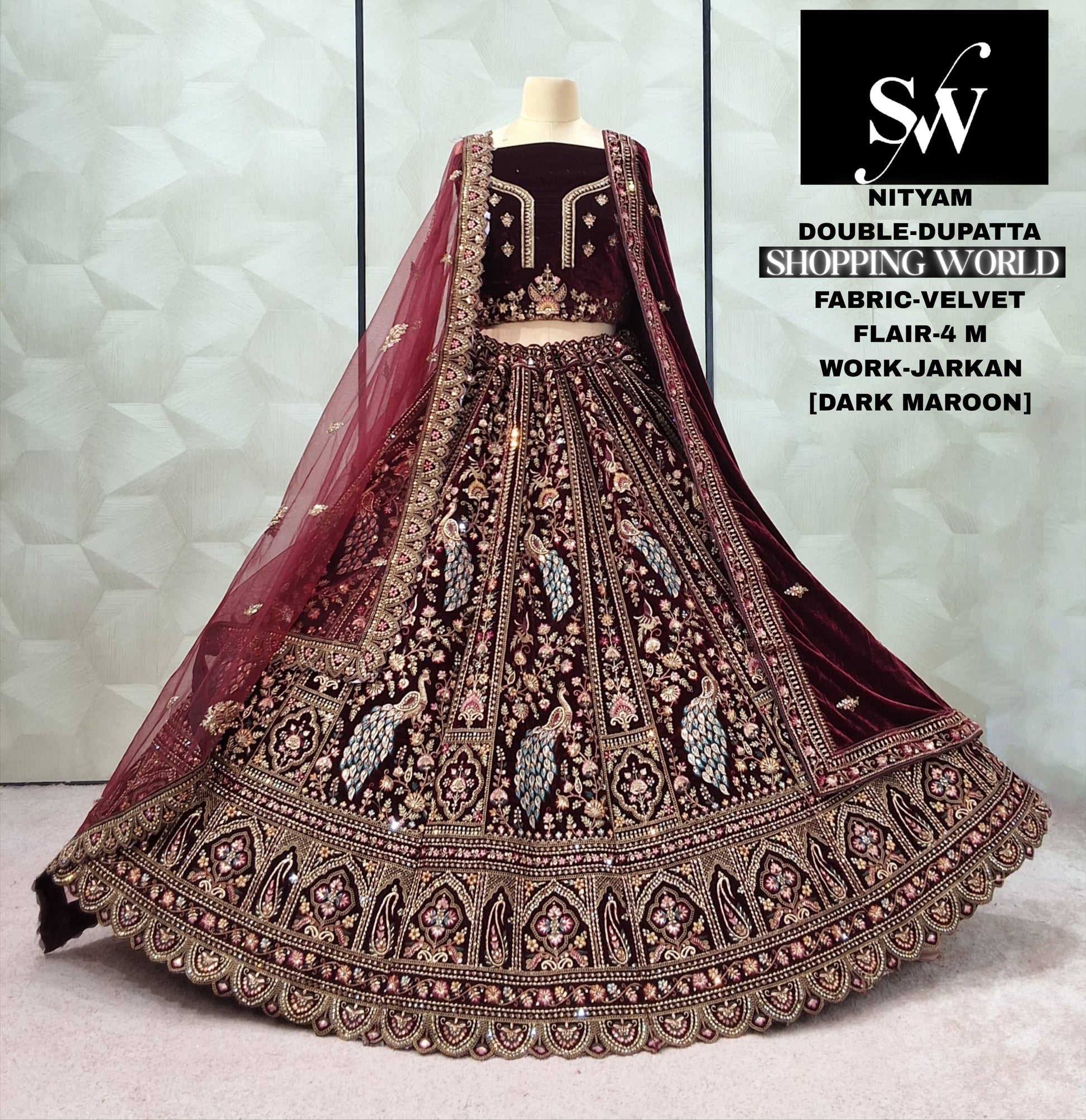Dark Maroon Velvet Peacock Double Dupatta bridal Lehenga - Shopping World