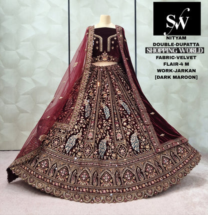 Dark Maroon Velvet Peacock Double Dupatta bridal Lehenga - Shopping World
