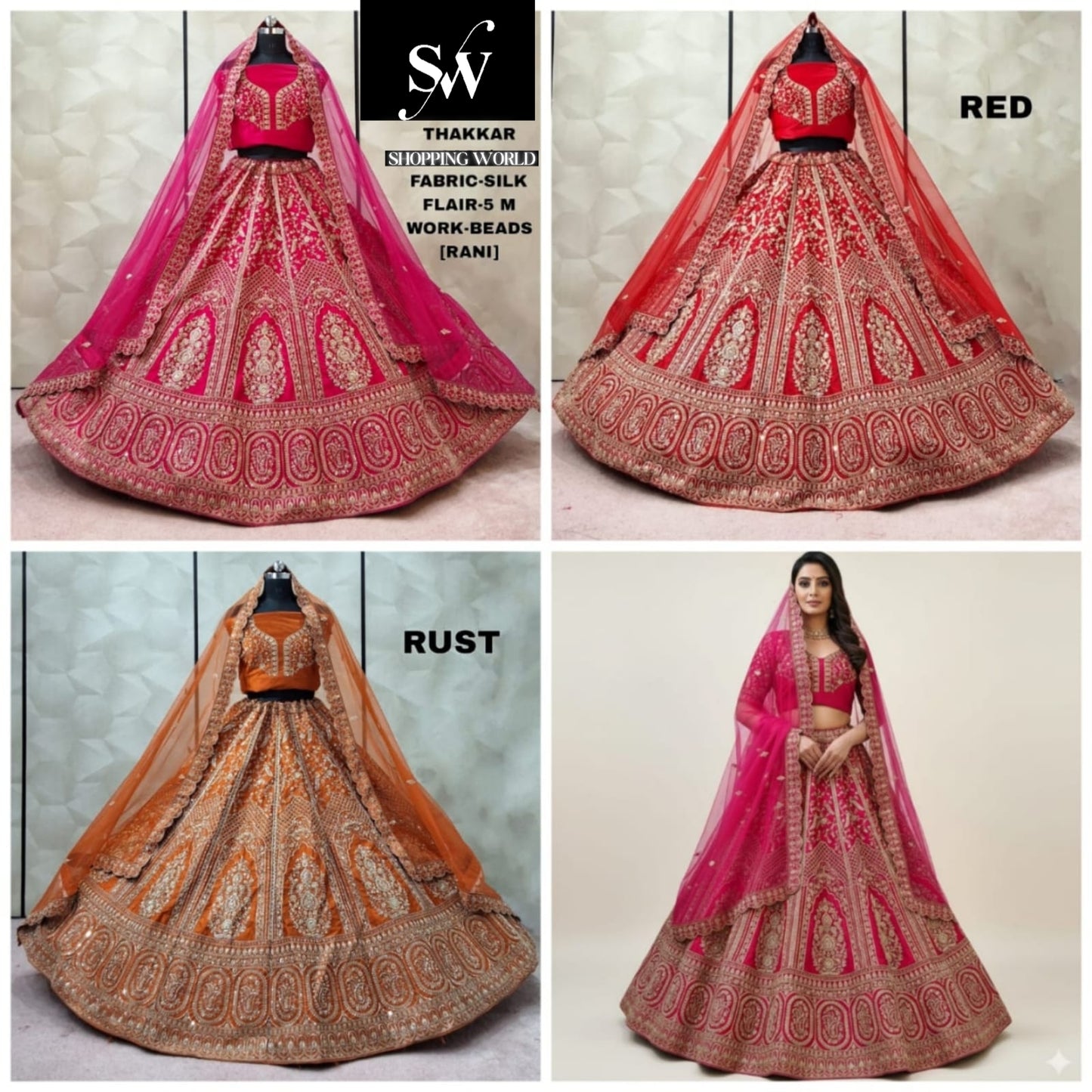 Red Rani pink Rust orange Silk Peacock Bridal Lehenga - Shopping World