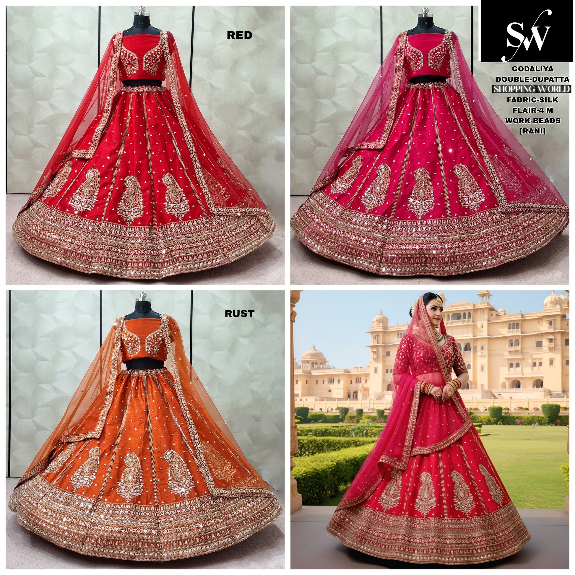 Red Rani pink Rust orange Double Dupatta Silk Bridal Lehenga - Shopping World