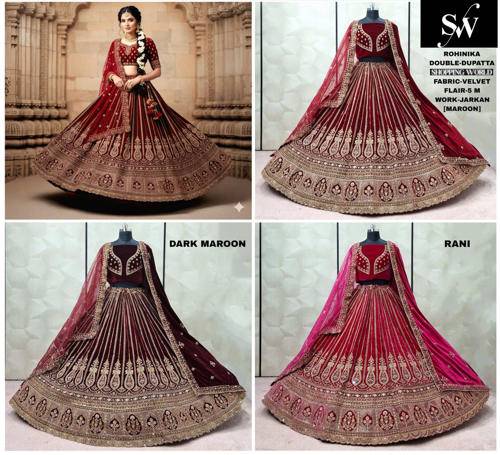Maroon Dark Maroon Rani pink Red Double Dupatta Velvet Bridal Lehenga - Shopping World