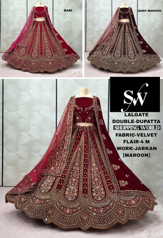Rani pink Dark Maroon Maroon Double Dupatta Velvet Bridal Lehenga - Shopping World