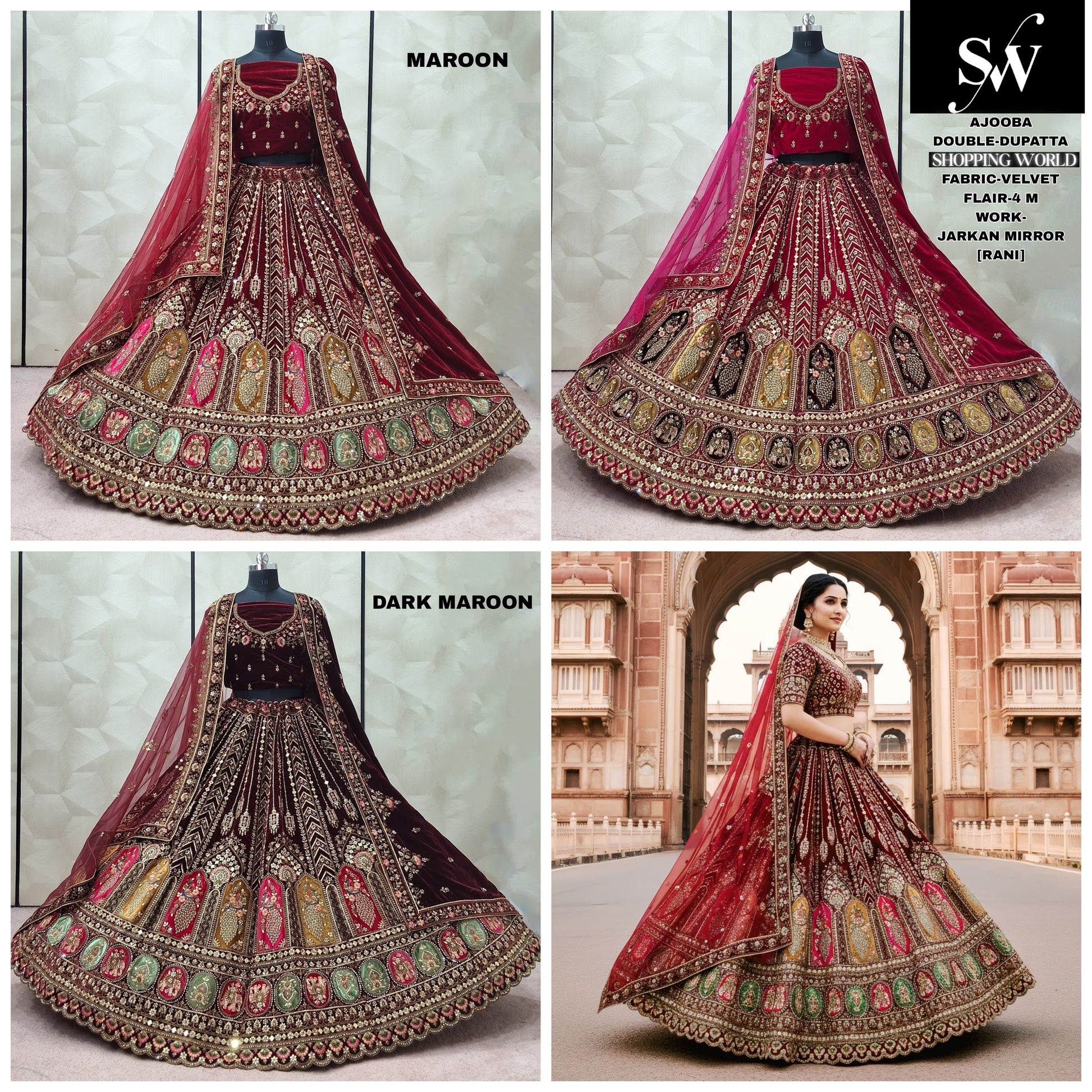 Rani pink Dark Maroon Maroon Double Dupatta Velvet Peacock Bridal Lehenga - Shopping World