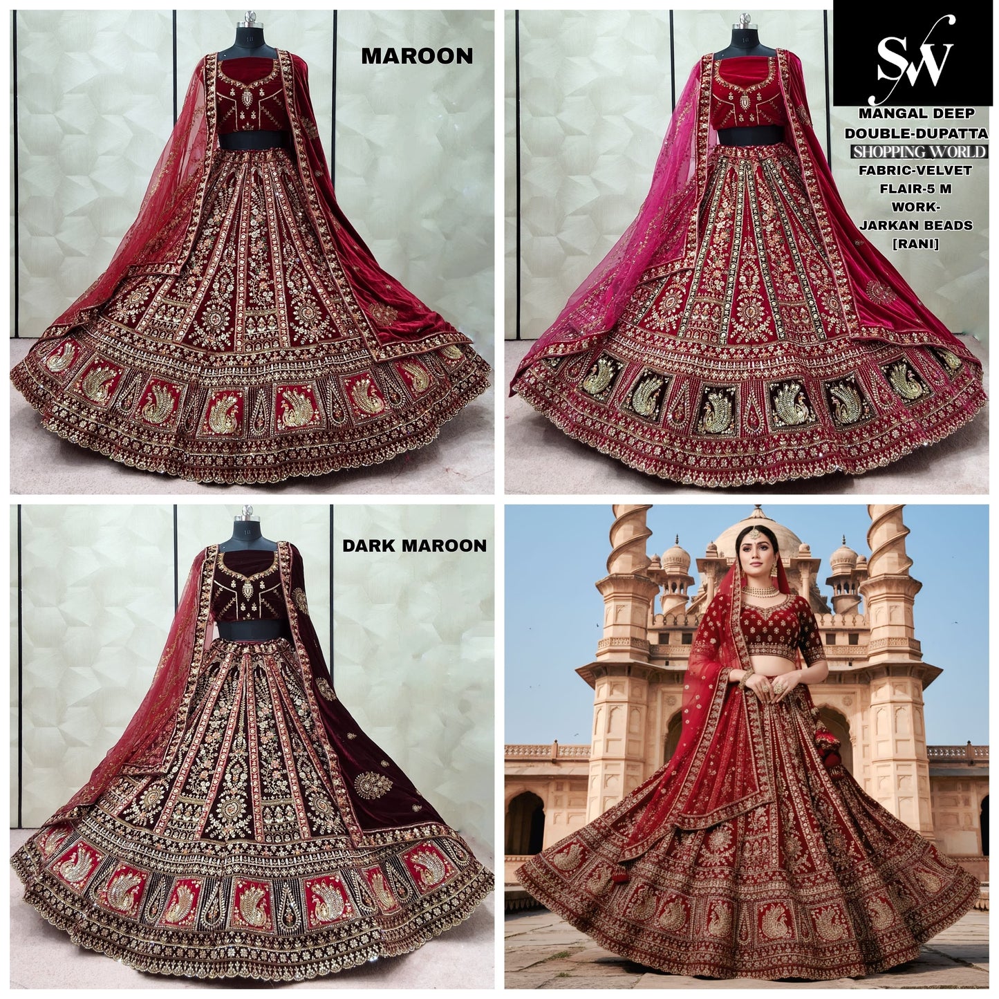 Rani pink Dark Maroon Maroon Double Dupatta Velvet Peacock Bridal Lehenga - Shopping World