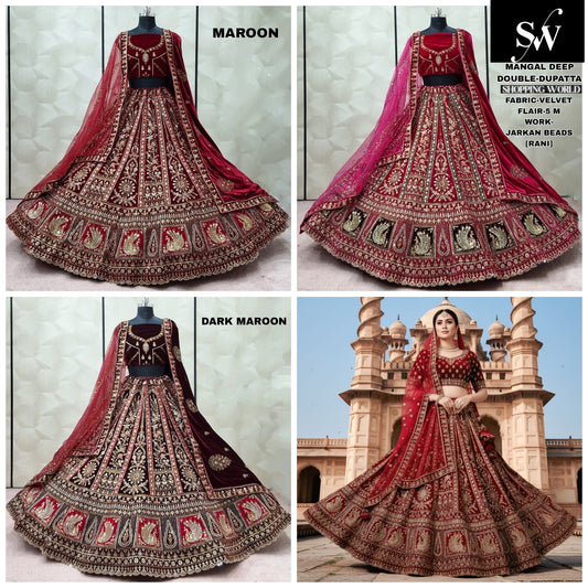 Rani pink Dark Maroon Maroon Double Dupatta Velvet Peacock Bridal Lehenga - Shopping World