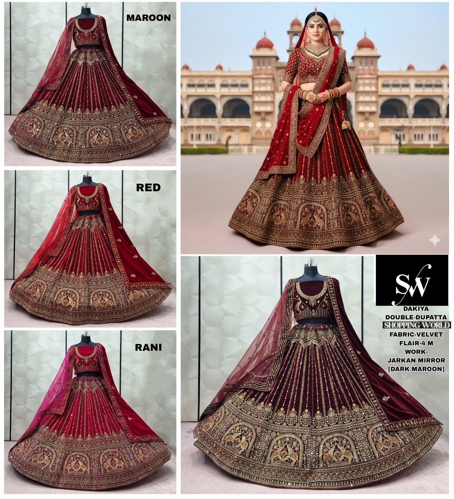 Rani pink Red Maroon Double Dupatta Velvet Bridal Lehenga - Shopping World
