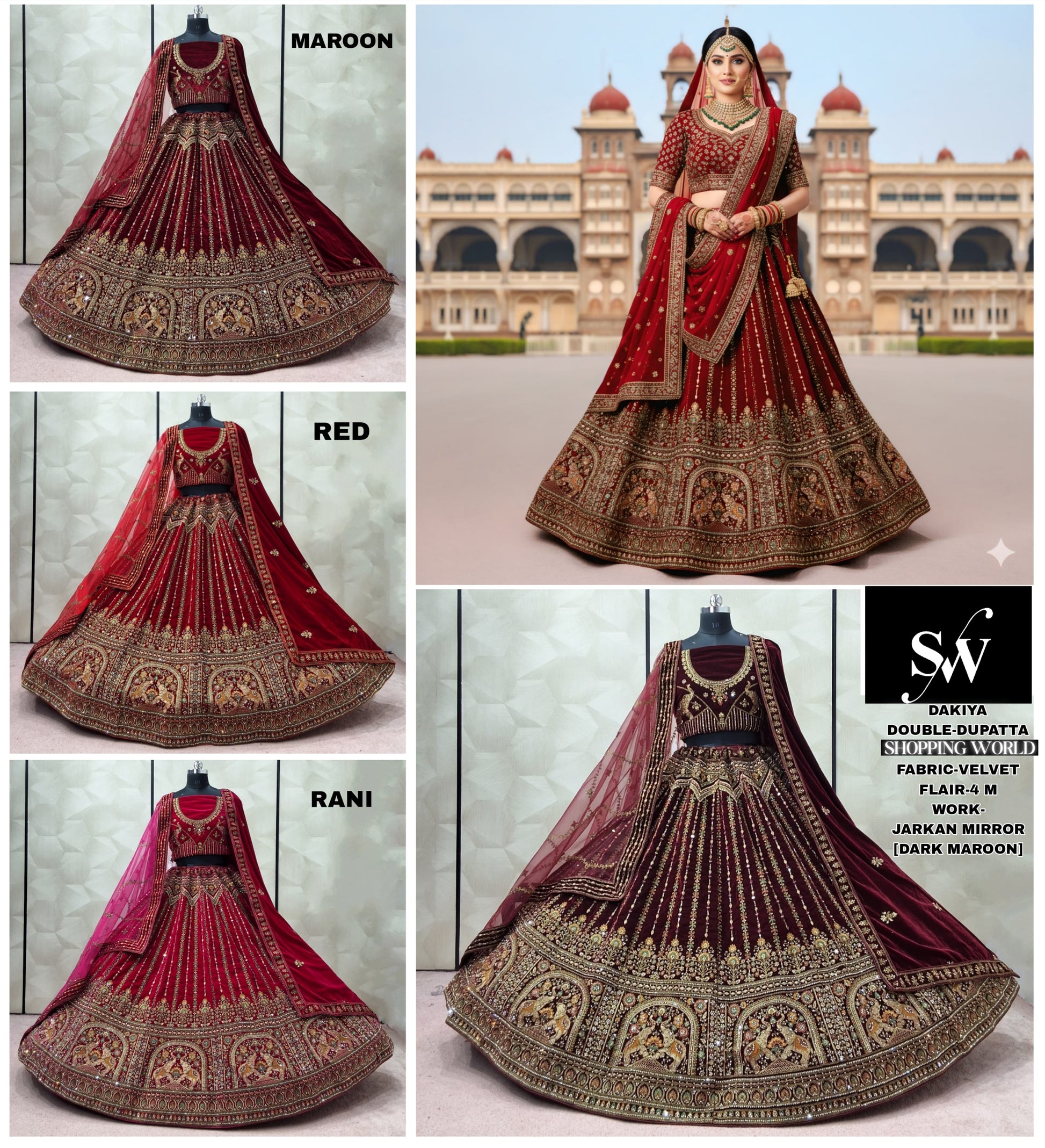 Rani pink Red Maroon Double Dupatta Velvet Bridal Lehenga - Shopping World