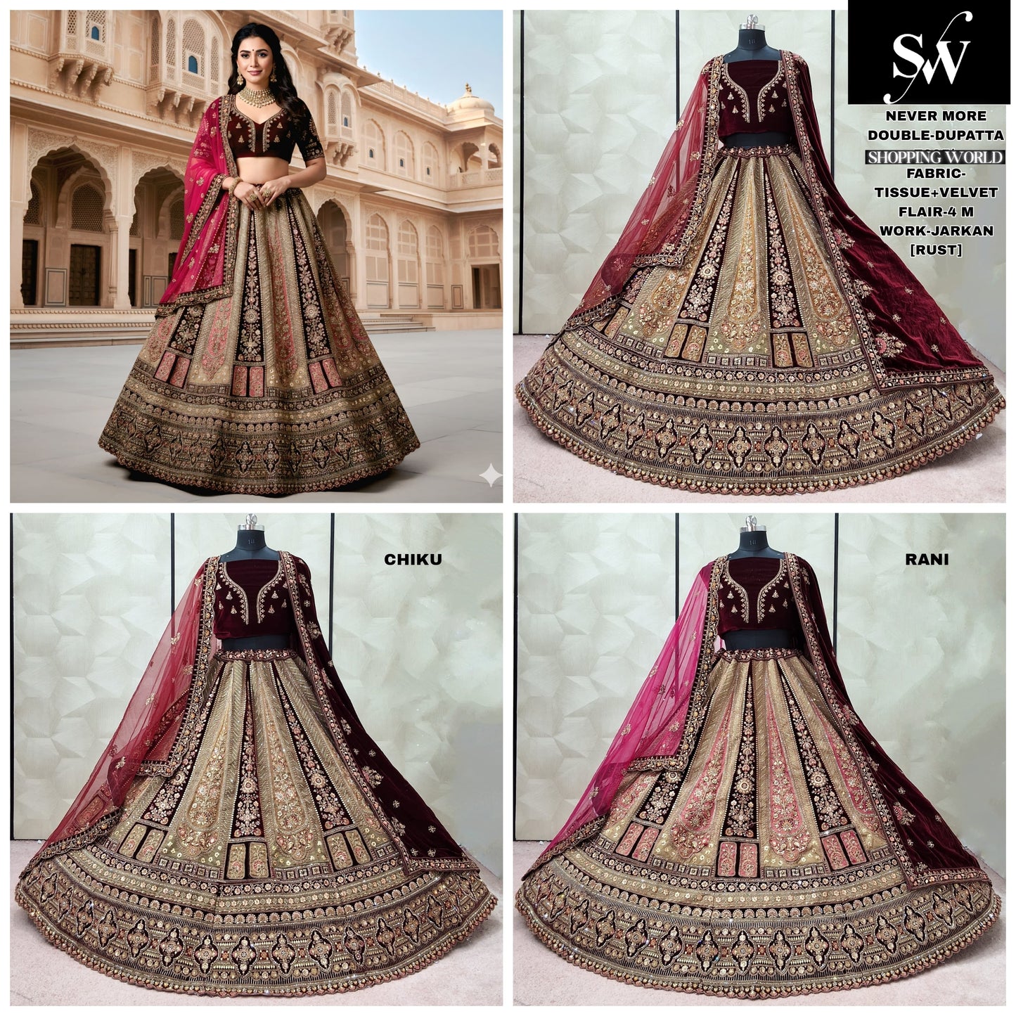 Rani pink Chiku Golden Rust orange Double Dupatta Velvet Bridal Lehenga - Shopping World
