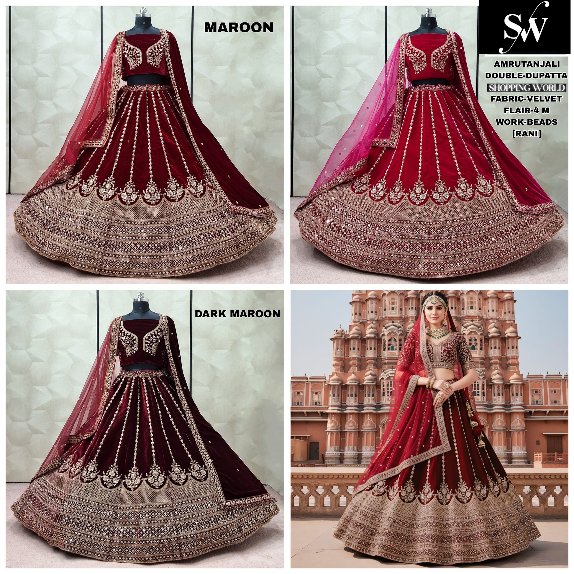 Rani pink Red Rust orange Silk Bridal Lehenga - Shopping World
