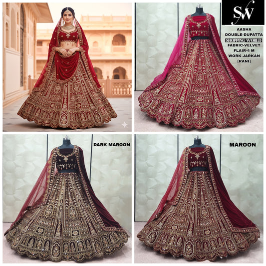 Rani pink Maroon Dark Maroon Double Dupatta Velvet Bridal Lehenga - Shopping World