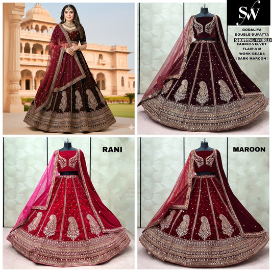 Rani pink Maroon Dark Maroon Double Dupatta Velvet Bridal Lehenga - Shopping World
