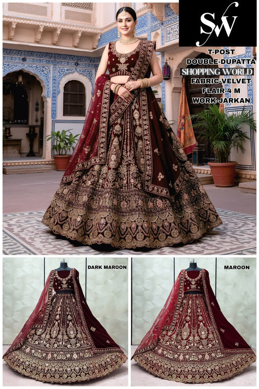 Maroon Dark Maroon Double Dupatta Velvet Bridal Lehenga - Shopping World