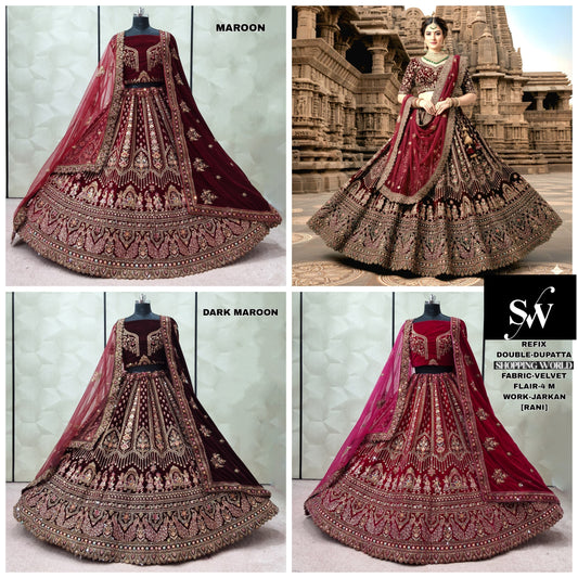 Maroon Dark Maroon Rani pink Double Dupatta Velvet Bridal Lehenga - Shopping World