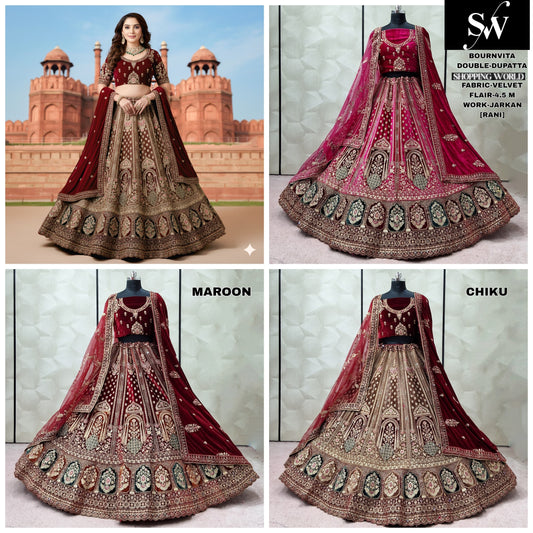 Maroon Chiku Golden Rani pink Double Dupatta Velvet Bridal Lehenga - Shopping World