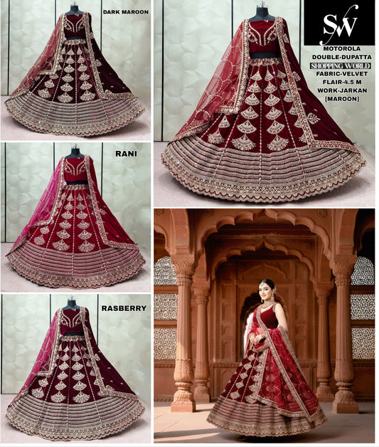 Raspberry Maroon Dark Maroon Rani pink Double Dupatta Velvet Bridal Lehenga - Shopping World