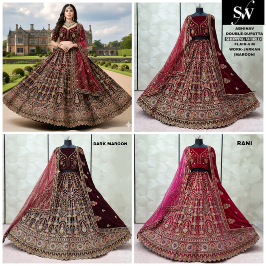 Maroon Dark Maroon Rani pink Double Dupatta Bridal Lehenga - Shopping World