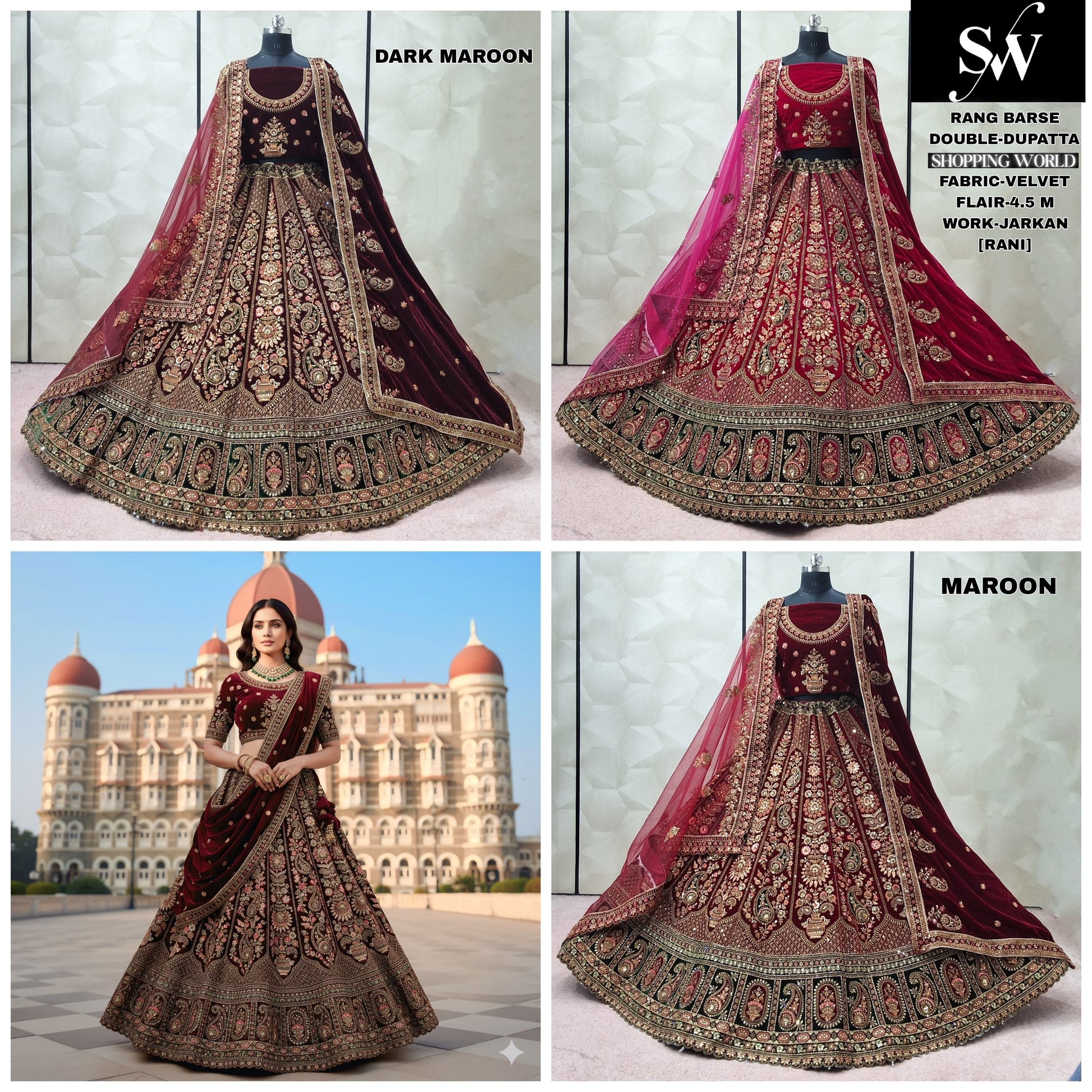 Maroon Dark Maroon Rani pink Velvet Double Dupatta Bridal Lehenga - Shopping World