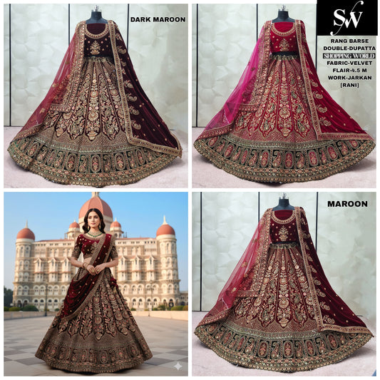 Maroon Dark Maroon Rani pink Velvet Double Dupatta Bridal Lehenga - Shopping World