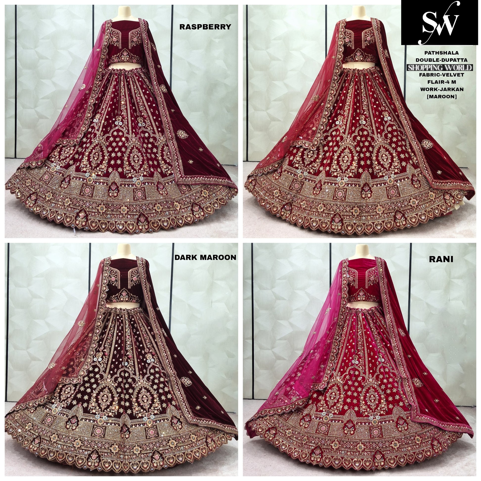 Maroon Dark Maroon Rani pink Raspberry Velvet Double Dupatta Bridal Lehenga - Shopping World