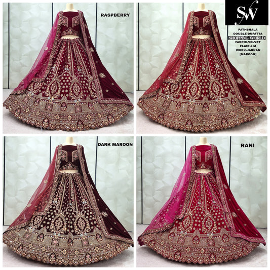 Maroon Dark Maroon Rani pink Raspberry Velvet Double Dupatta Bridal Lehenga - Shopping World