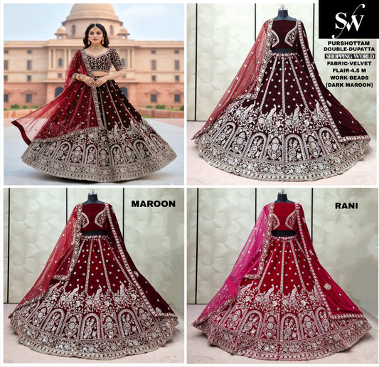 Maroon Dark Maroon Rani pink Velvet Double Dupatta bridal Lehenga - Shopping World