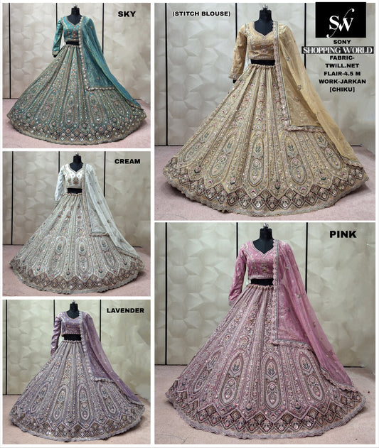 Sky Blue Cream White Lavender Pink Chiku golden Twill Net Ready to wear Crop top Lehenga - Shopping World