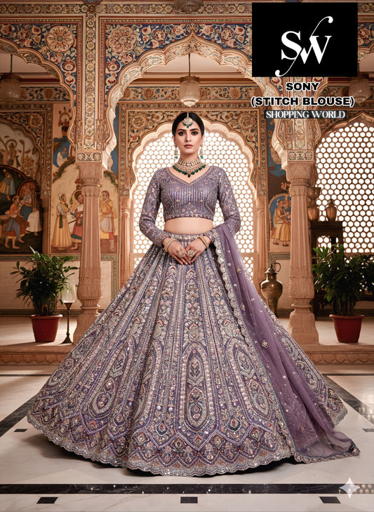 Sky Blue Cream White Lavender Pink Chiku golden Twill Net Ready to wear Crop top Lehenga - Shopping World