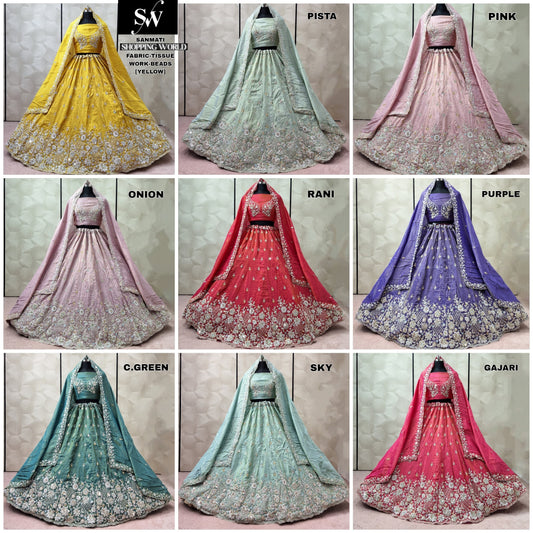 Yellow Pista green Baby Pink Rani pink Onion pink Purple Sea green Sky Blue Gajri pink  Tissue Lehenga - Shopping World
