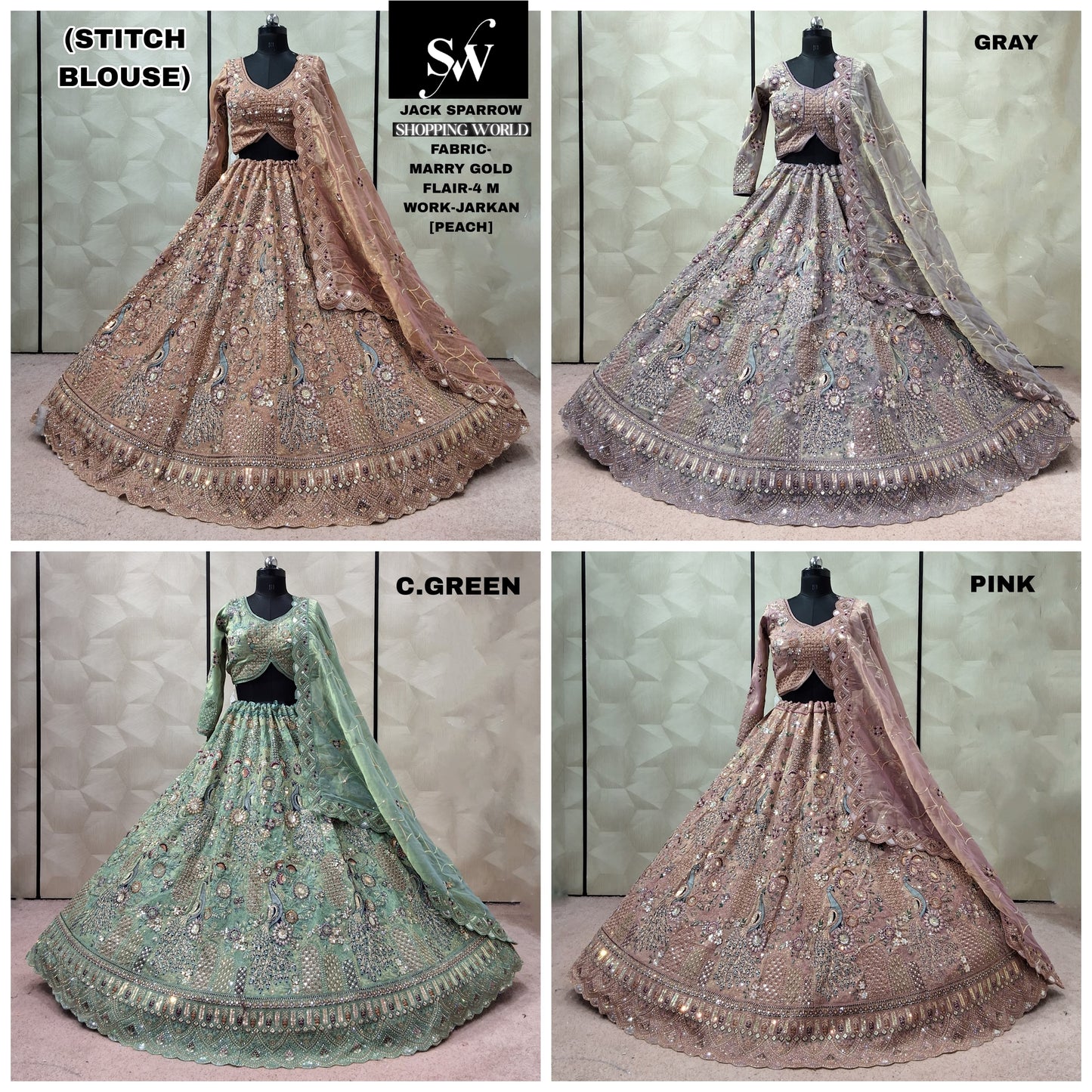 Peach Grey Sea green Pink Marry Gold Ready to Wear Crop Top Lehenga - Shopping World