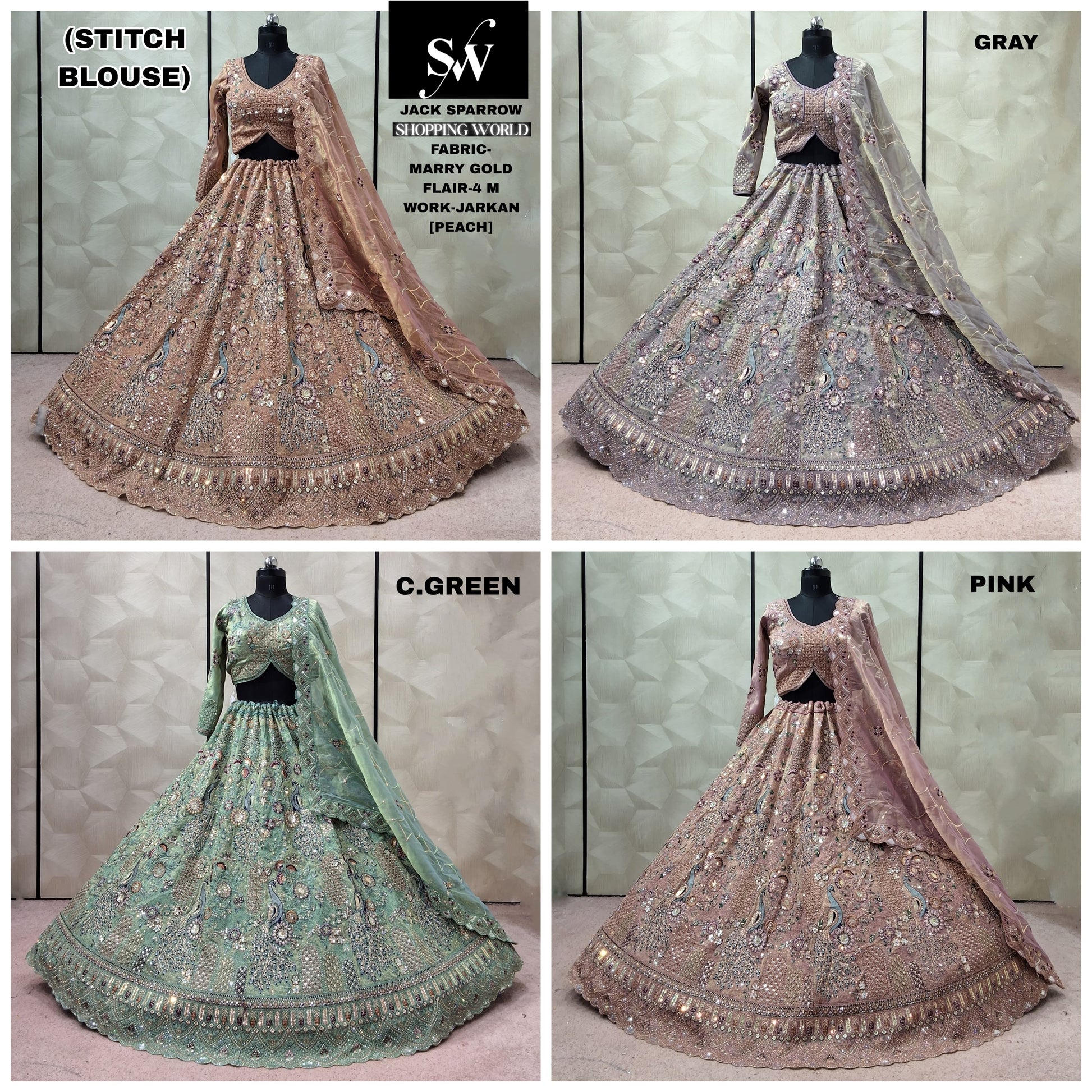 Peach Grey Sea green Pink Marry Gold Ready to Wear Crop Top Lehenga - Shopping World