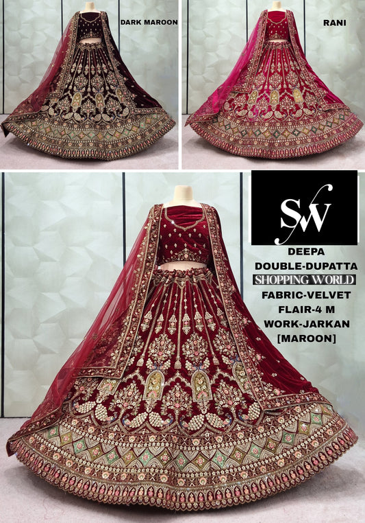 Maroon Rani pink Dark maroon Velvet Peacock Double Dupatta bridal Lehenga - Shopping World