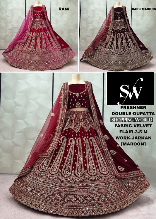 Maroon Rani pink Dark maroon Velvet Double Dupatta bridal Lehenga - Shopping World