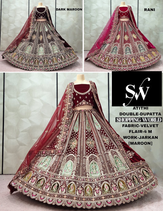 Maroon Rani pink Dark maroon Peacock Velvet Double Dupatta bridal Lehenga - Shopping World