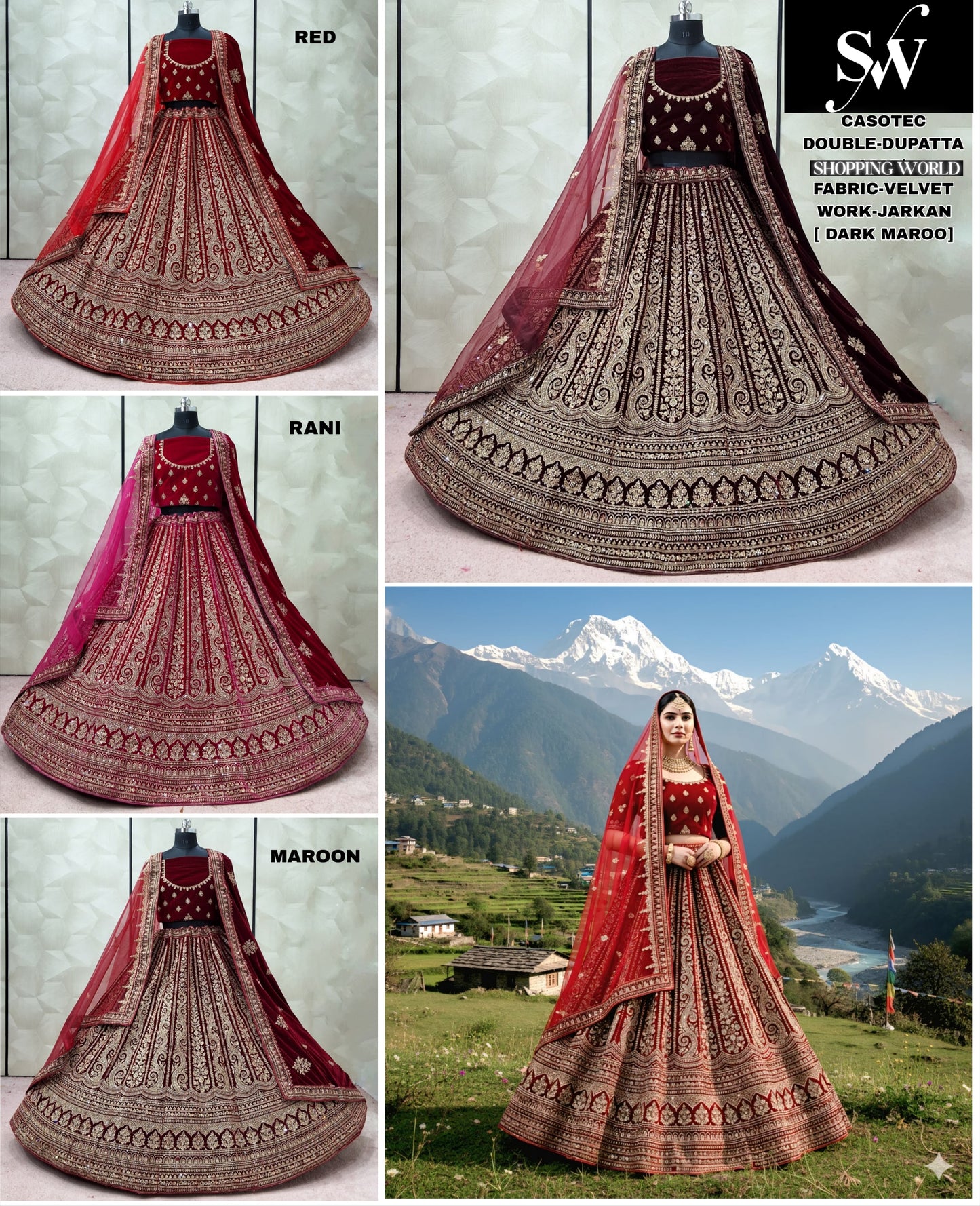 Maroon Rani pink Red Dark maroon Velvet Double Dupatta bridal Lehenga - Shopping World